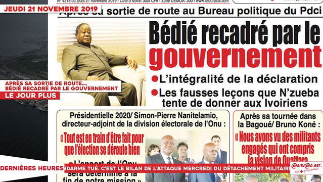 Le Titrologue du 21 Novembre 2019 : Après sa sortie de route…, Bédié recadré par le gouvernement