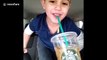 Adorable boy takes small sip of coffee and gets WAY hyped
