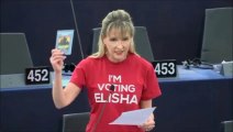 Sinn Féin MEP Martina Anderson takes Derry election campaign to Strasbourg by sporting 'I'm voting Elisha - better for Derry' T-shirt in European Parliament
