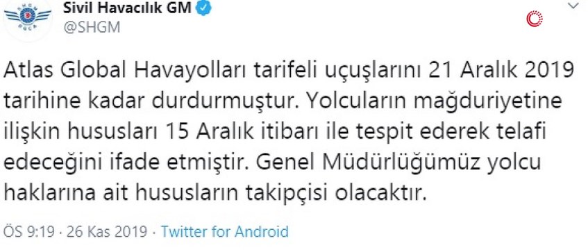 Atlas Global Havayolları tarifeli uçuşlarını durdurdu