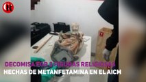 Decomisa FGR dos figuras religiosas hechas de metanfetamina en el AICM