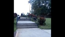 Skateboarder Grinds A Rail And His Stomach Lands On The Rail