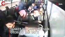 Tanker ile çarpışan halk otobüsü yan yattı