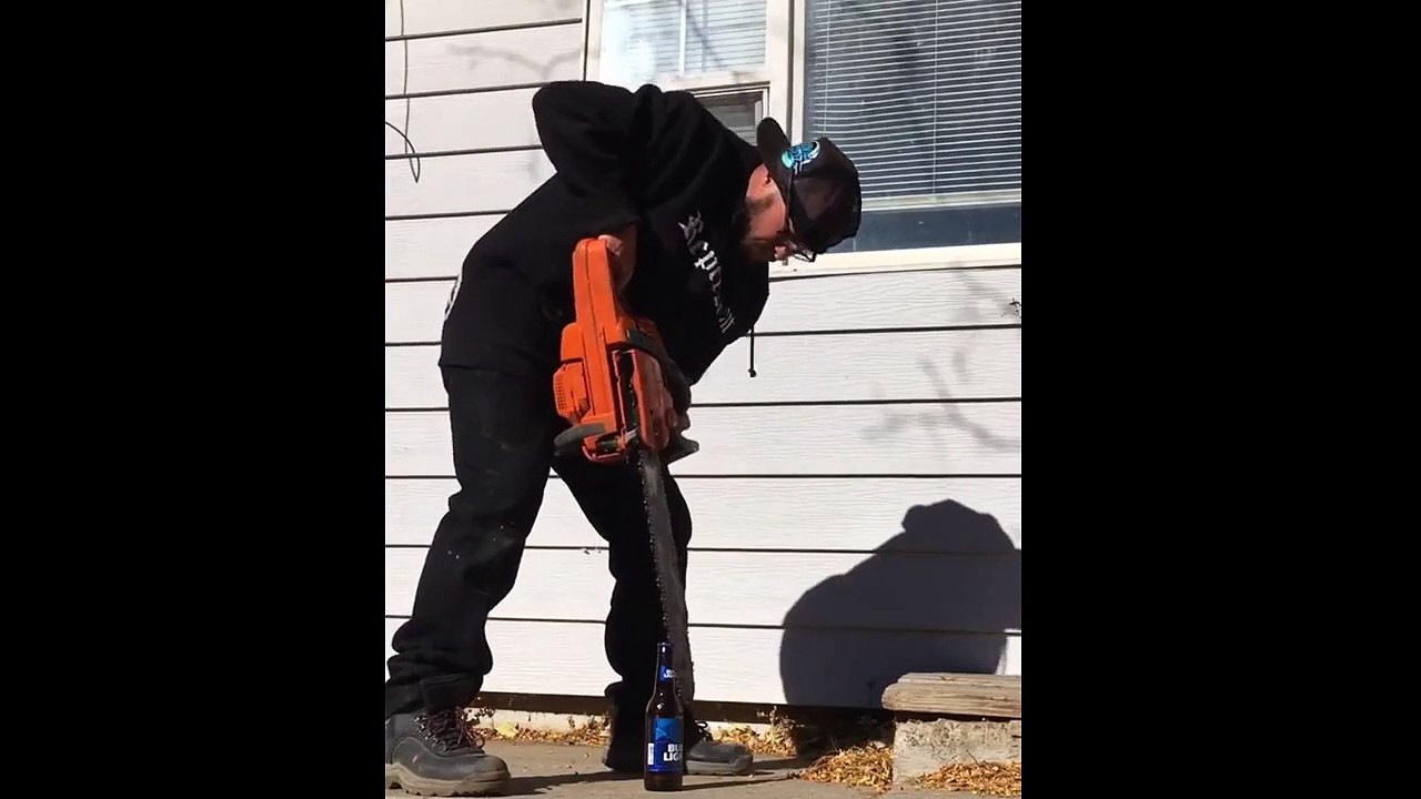 A Man Open His Drink Using Chainsaw Like A Boss
