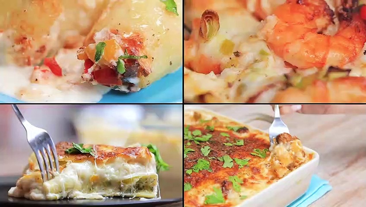 وصفات بالبشاميل"طاجن مكرونة بالسجق-مكرونة محشية-بطاطس محشية بالدجاج والكريمة-مكرونة بالجمبري"