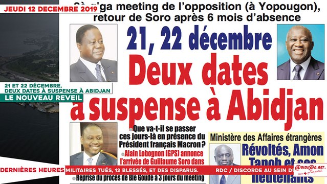 Le Titrologue du 12 décembre 2019 : 21 et 22 décembre, deux dates à suspense à Abidjan