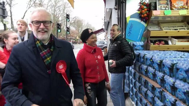 Jeremy Corbyn in jubilant mood meeting supporters on way to London polling station