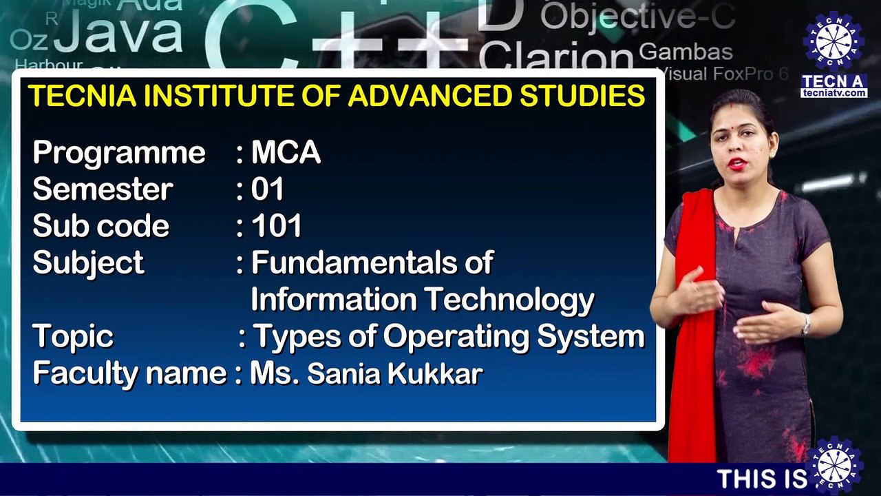 MCA || Ms. Sania Kukkar || Types of Operating System || TIAS || TECNIA TV