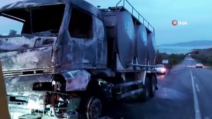 Süt kamyonu alevlere teslim oldu