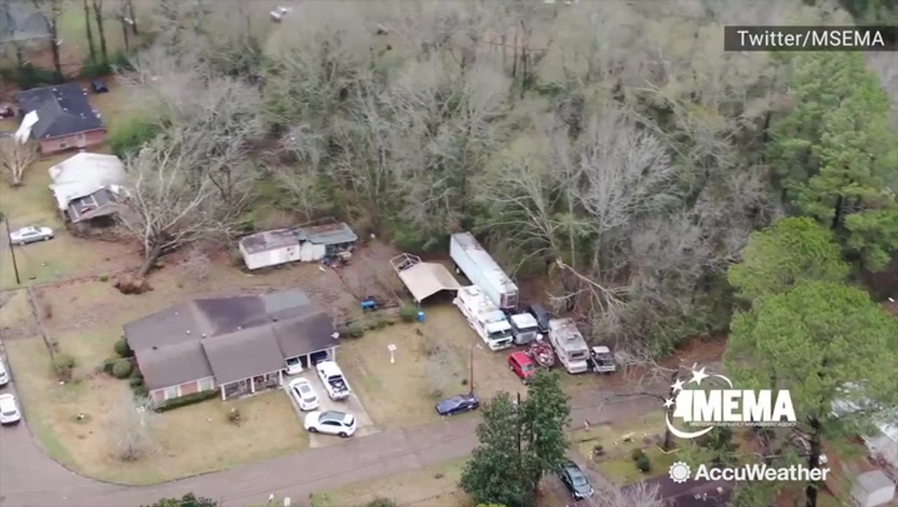Aerial video shows homes damaged and trees down after EF2 tornado hits