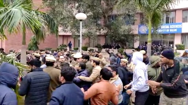 Students protest against police action at Delhi University, North Campus