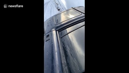 Five landrovers stuck in snow on Deadman's Hill, North Yorkshire