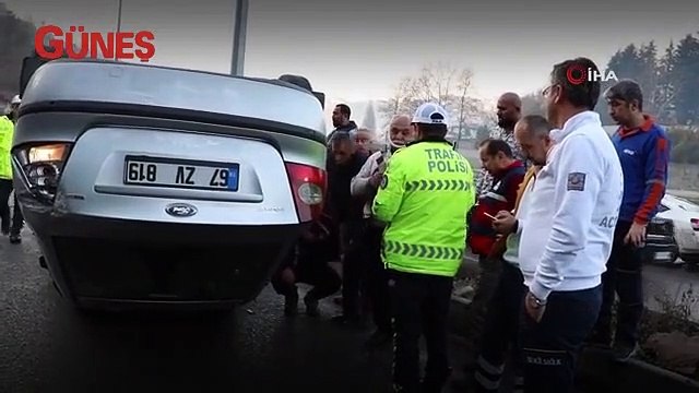 Takla atan otomobil metrelerce sürüklendi, sürücü yara almadan kurtuldu