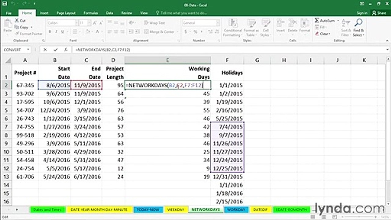 Counting working days with the NETWORKDAYS function