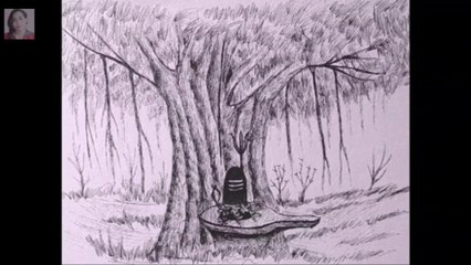 Lord Shiva under the tree painting by pen sketch.Village scenery painting by pen sketch.