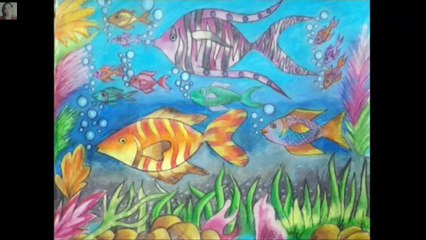 Deep sea fishes painting by pencils colours. Under the sea painting by pencils colours.