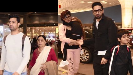 Скачать видео: Vicky Kaushal, Ayushmann Khurrana With Family, Mouni Roy, & Urvashi Rautela At The Airport