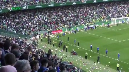 Football - Les fans du Betis Seville lancent des peluches sur le terrain avant le coup d'envoi