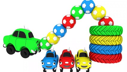 learn the colors with Cartoon Car  that kick football into tire shambu toy monster