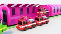 Tren de juguete y muchos coches de juguete- Coche de policía, camión de bomberos, ambulancia
