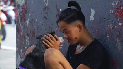 Poor Filipino busks with his loyal friend, a versatile dog with maths skills