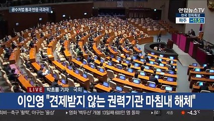 공수처법 통과에 민주 "일보 전진" vs 한국 "비통·참담"