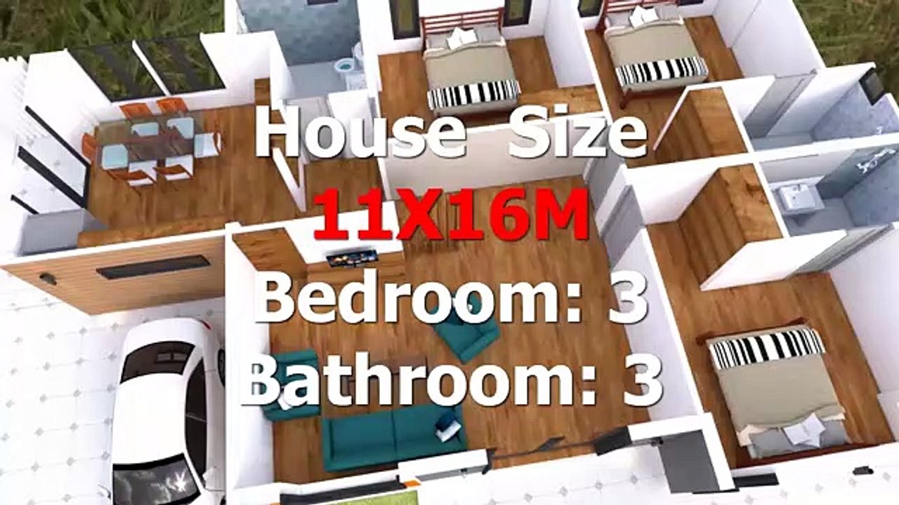 3D Three Bedroom Plan 11x16m with 3 bedrooms