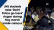 JNU students raise 'Delhi Police go back' slogan during flag march inside campus