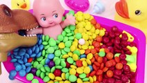 Learn Colors Dinosaur toy Baby Doll MandMs Chocolate Bath Time and Ice Cream Cups Surprise Toys