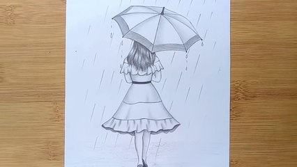 Easy way to draw a girl with umbrella __ A rainy day pencil sketch
