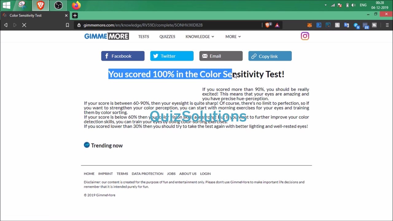 Gimmemore Color Sensitivity Test Answers 20 Questions Score 100% Video QuizSolutions