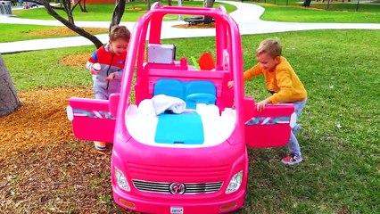 Vlad and Nikita ride on Barbie Car to Camping