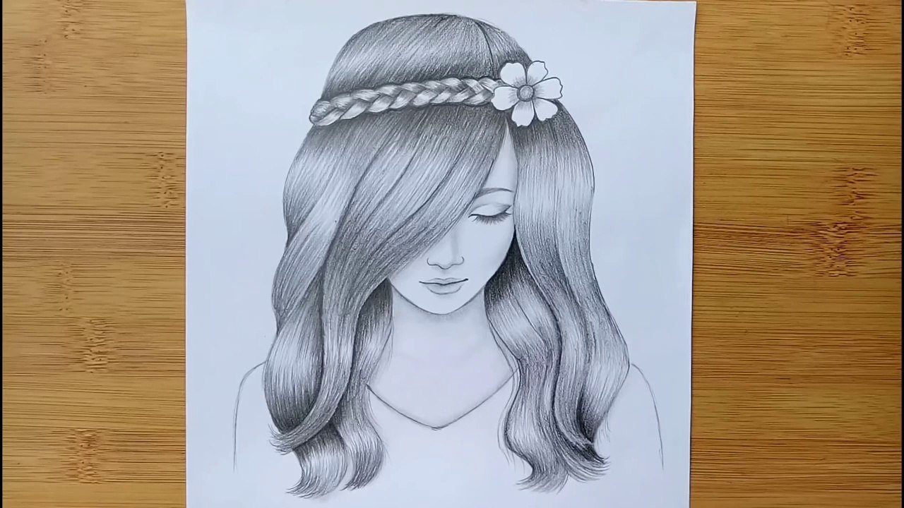 A girl with beautiful hair Pencil Sketch drawing _ How to draw a ...