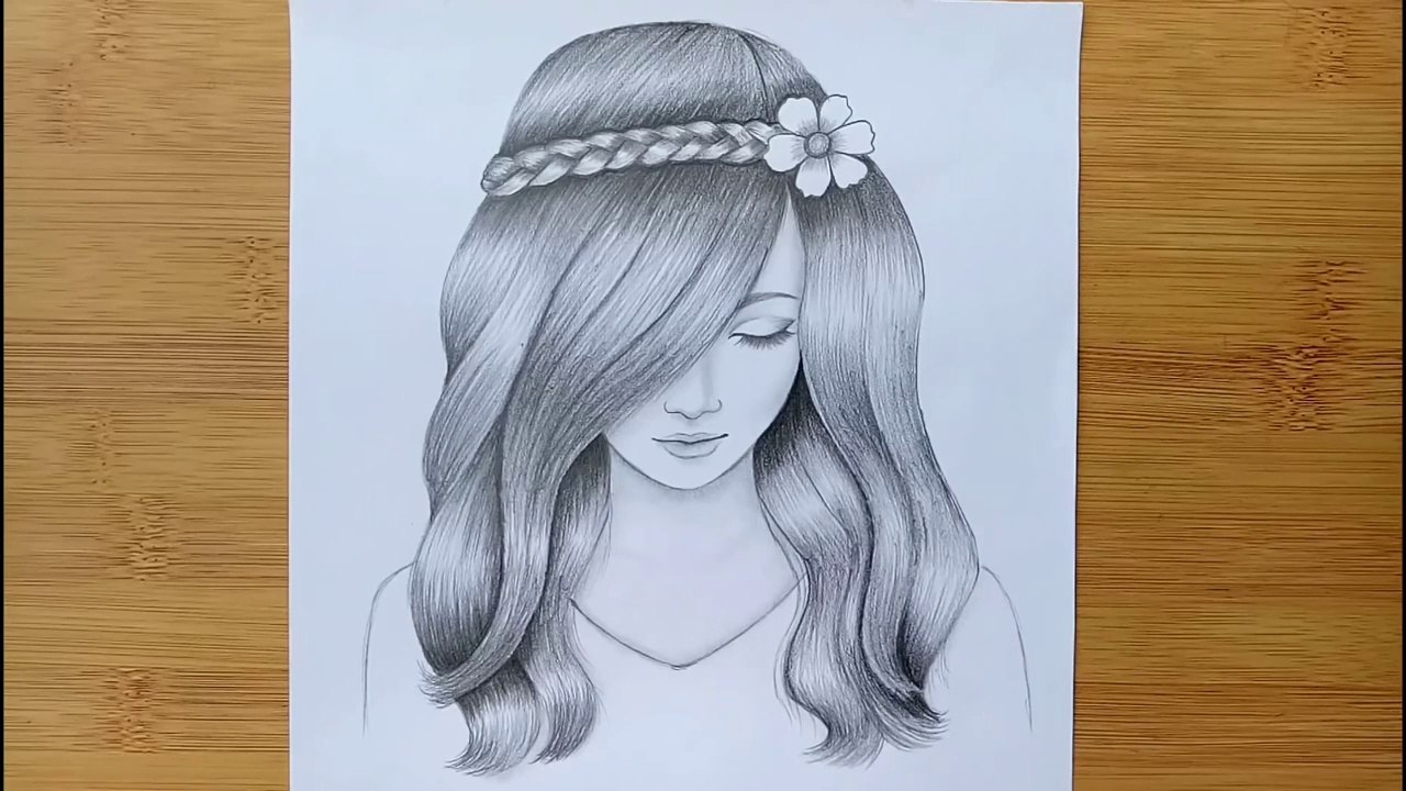 A girl with beautiful hair Pencil Sketch drawing _ How to draw a girl
