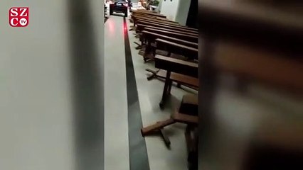 Kiliseye arabayla daldı, şeytandan kaçtığını söyledi