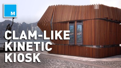 Kinetic kiosk uses robotic timber fins to open and close up shop like a clam