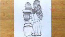 Best friends ❤  pencil Sketch Tutorial -- How To Draw Two Friends Hugging Each other