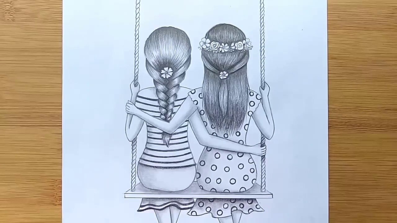 How to draw Best friends sitting together on a swing -- Pencil ...