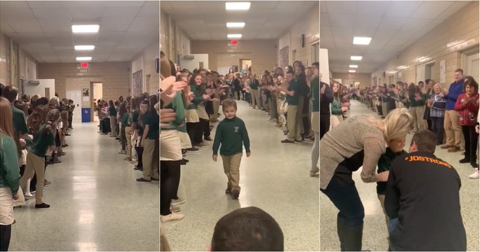 Após terminar quimioterapia menino é recebido na escola com aplausos