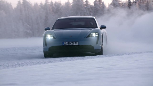 Porsche Taycan 4S in Frozen Blue Ice Driving