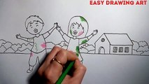 How to draw kids playing in holi festival scenery || color pencil landscape drawing