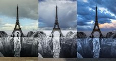 Avec cet incroyable trompe-l'œil, l'artiste JR donne à la Tour Eiffel une allure vertigineuse