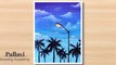 How to draw beautiful and easy evening painting with coconut trees _Pallavi Drawing Academy