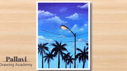 How to draw beautiful and easy evening painting with coconut trees _Pallavi Drawing Academy