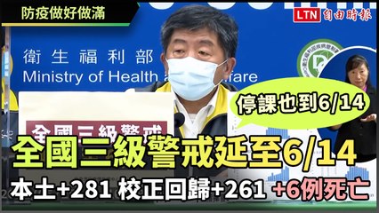 全國三級警戒延至6/14 本土+281 校正回歸+261 +6例死亡 境外+2