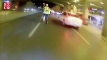 Trafikte terör estiren motosikletli, polisin üzerine sürüp kaçtı