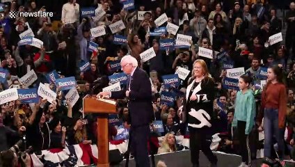 New Hampshire Primary Night: Sanders walks out and takes the stage to applause