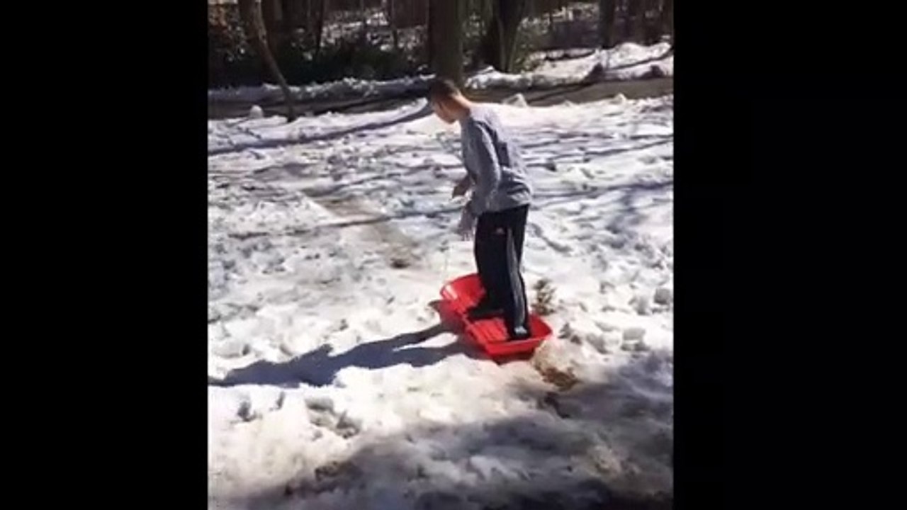 Kid Stands On Sled While Going Down A Hill And Falls