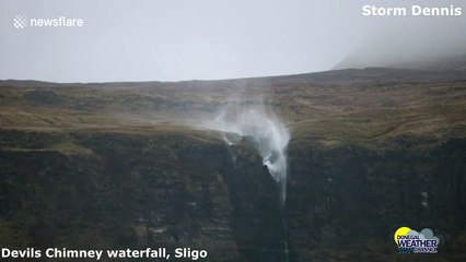 Waterfall in Ireland flows BACKWARDS as Storm Dennis hits