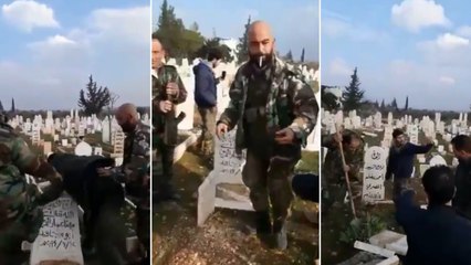 جنود بجيش النظام السوري يدنسون قبورا ويبعثرون عظام الأموات